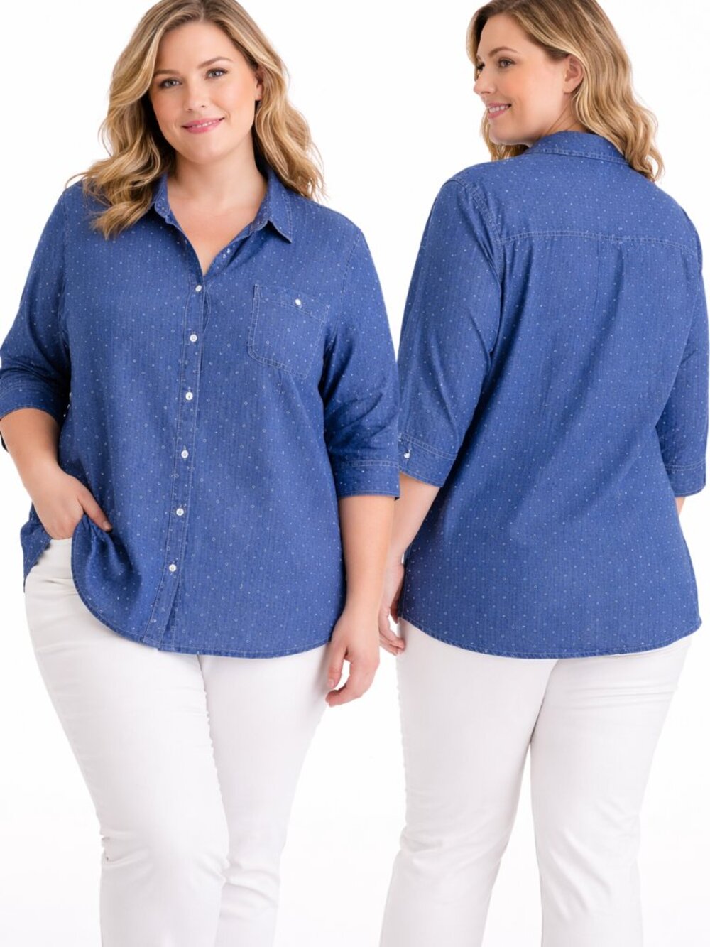 Karen Scott Women’s XL Blue Chambray Polka Dot Button-Up Blouse 3/4 Sleeve Shirt